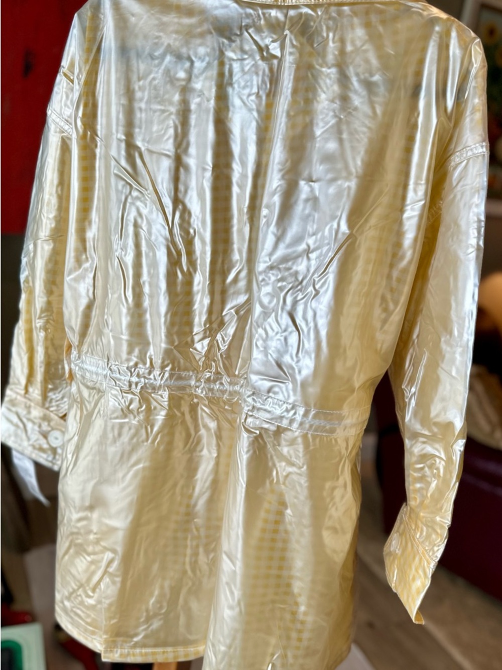 Totes Gingham Raincoat Yellow White Waterproof Jacket Packable Size M - Picture 8 of 10